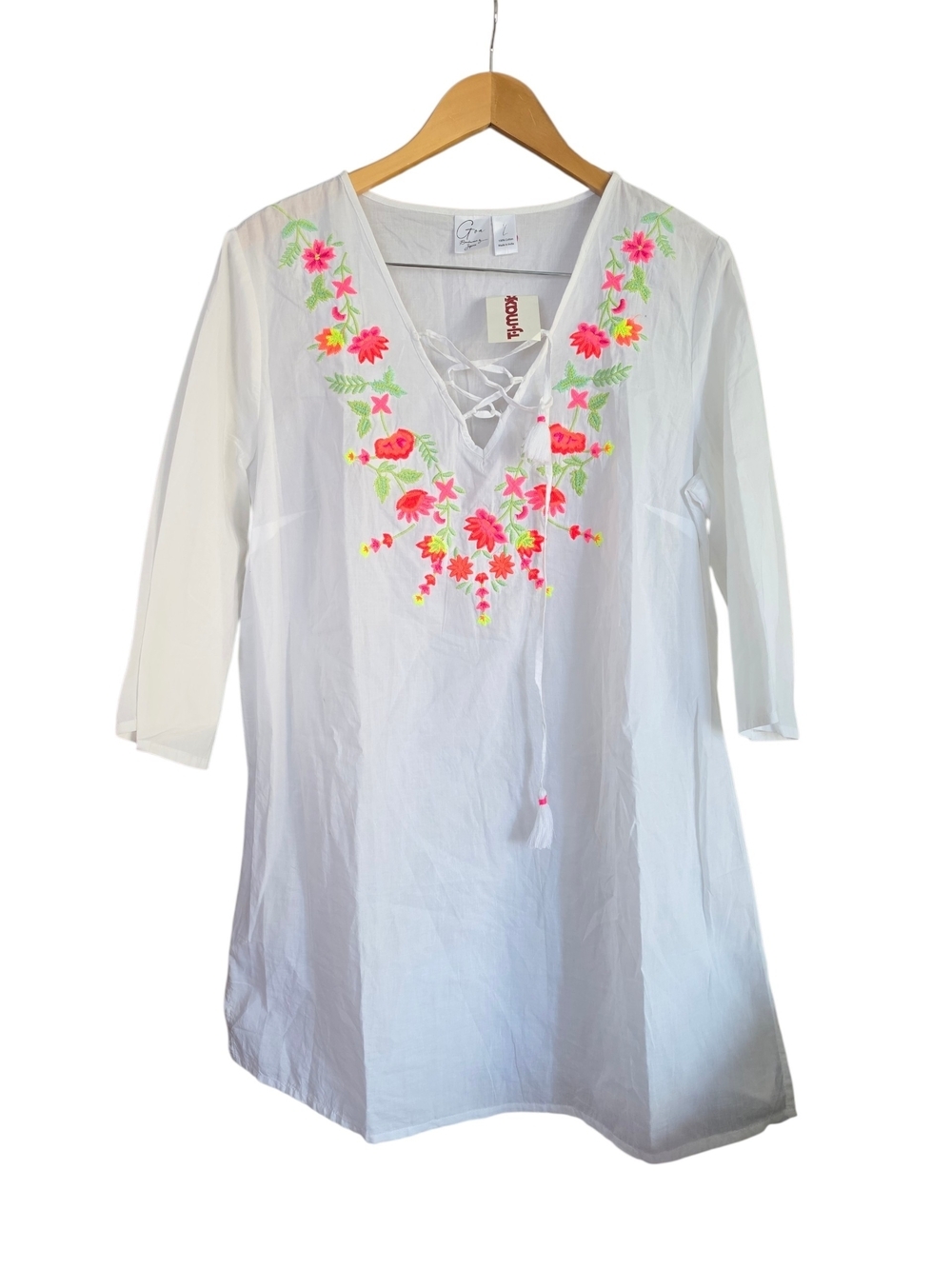 Japna White Tunic with Pink & Green Floral Embroidery